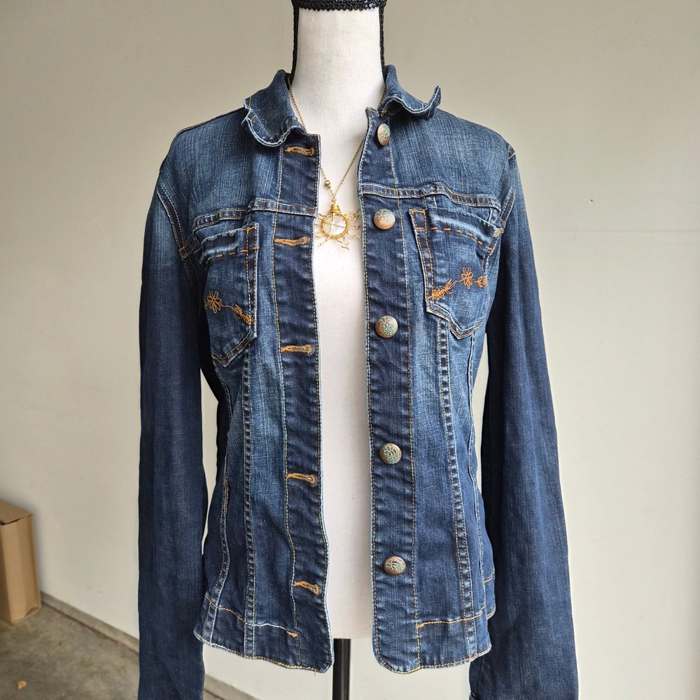 1990s Vintage Denim Jacket Women Medium Floral Embroidered Y2K Western Boho Chic
